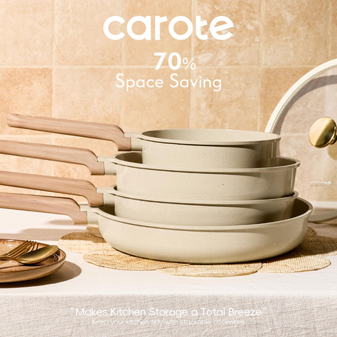 CAROTE ladle, slotted spatula and pan protectors arranged for scratch protection