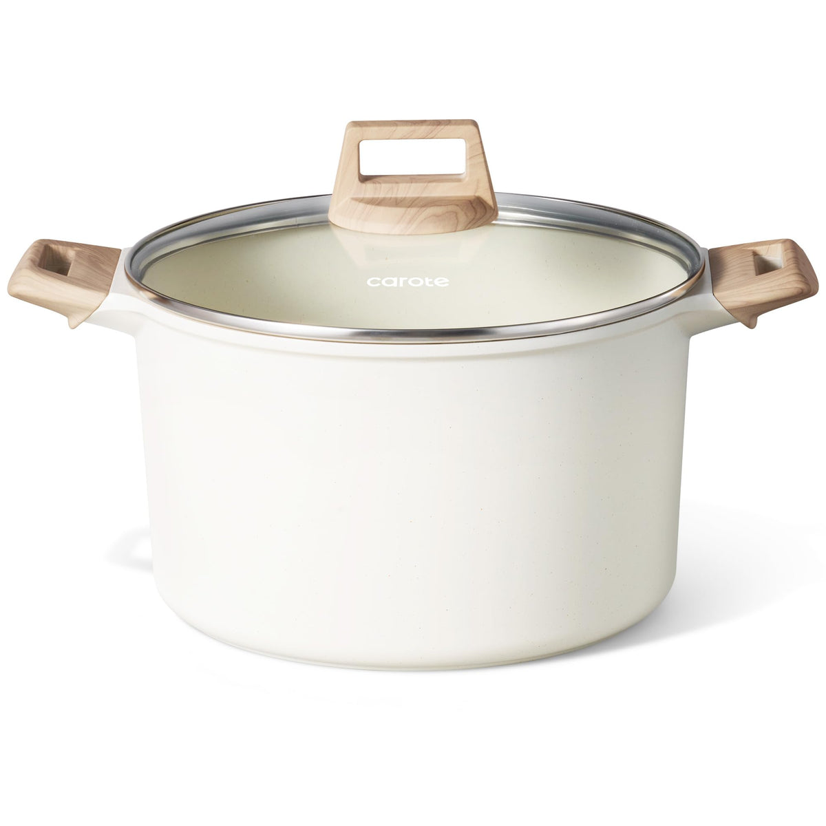 CAROTE front view of white granite stock pot shows capacity and modern finish, easy serving