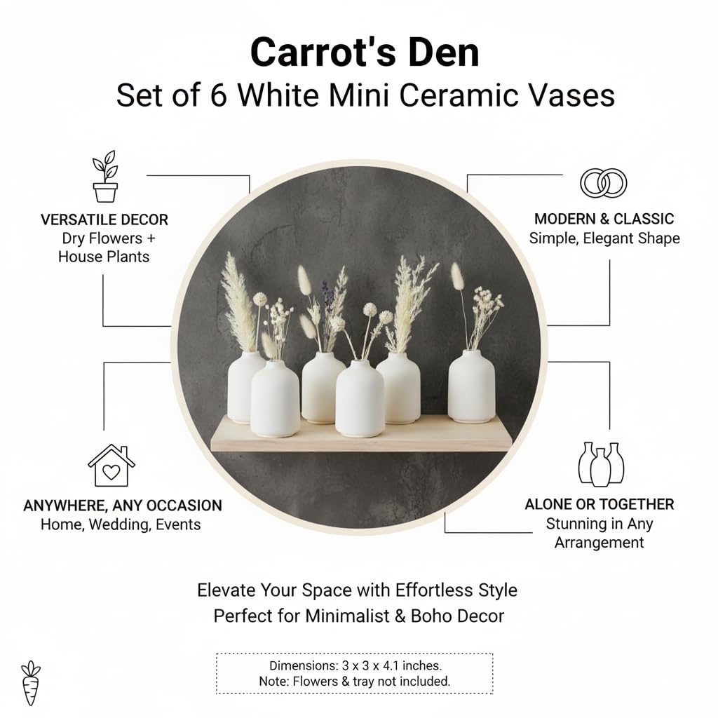 Carrot's Den six vases grouped on dining table illustrating low-centerpiece benefit for guest sightlines