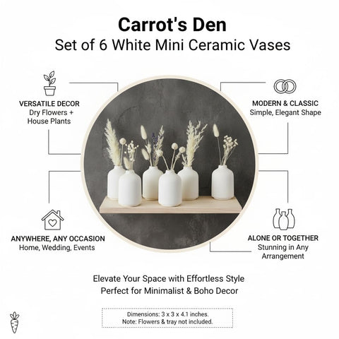 Carrot's Den six vases grouped on dining table illustrating low-centerpiece benefit for guest sightlines