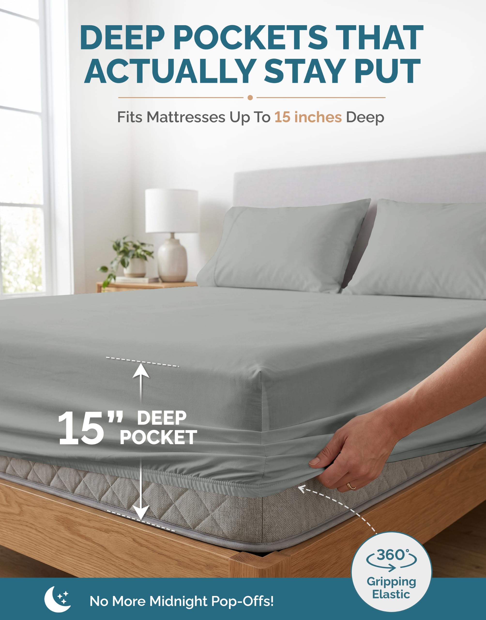 Casa Platino bed in room lifestyle displays grey sheets creating a calm, modern bedroom vibe