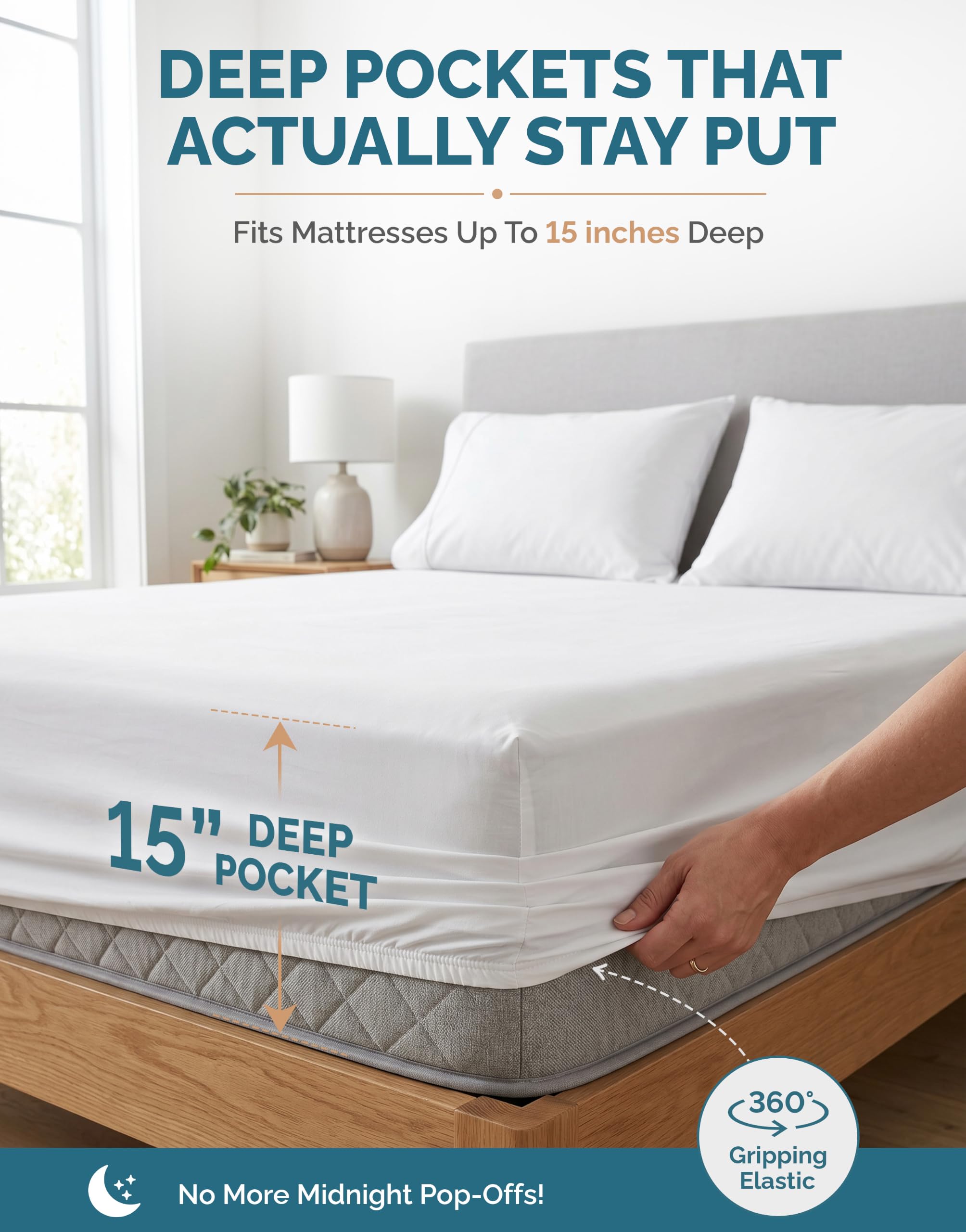 Casa Platino made bed lifestyle shot showing cool, hotel-style bedding