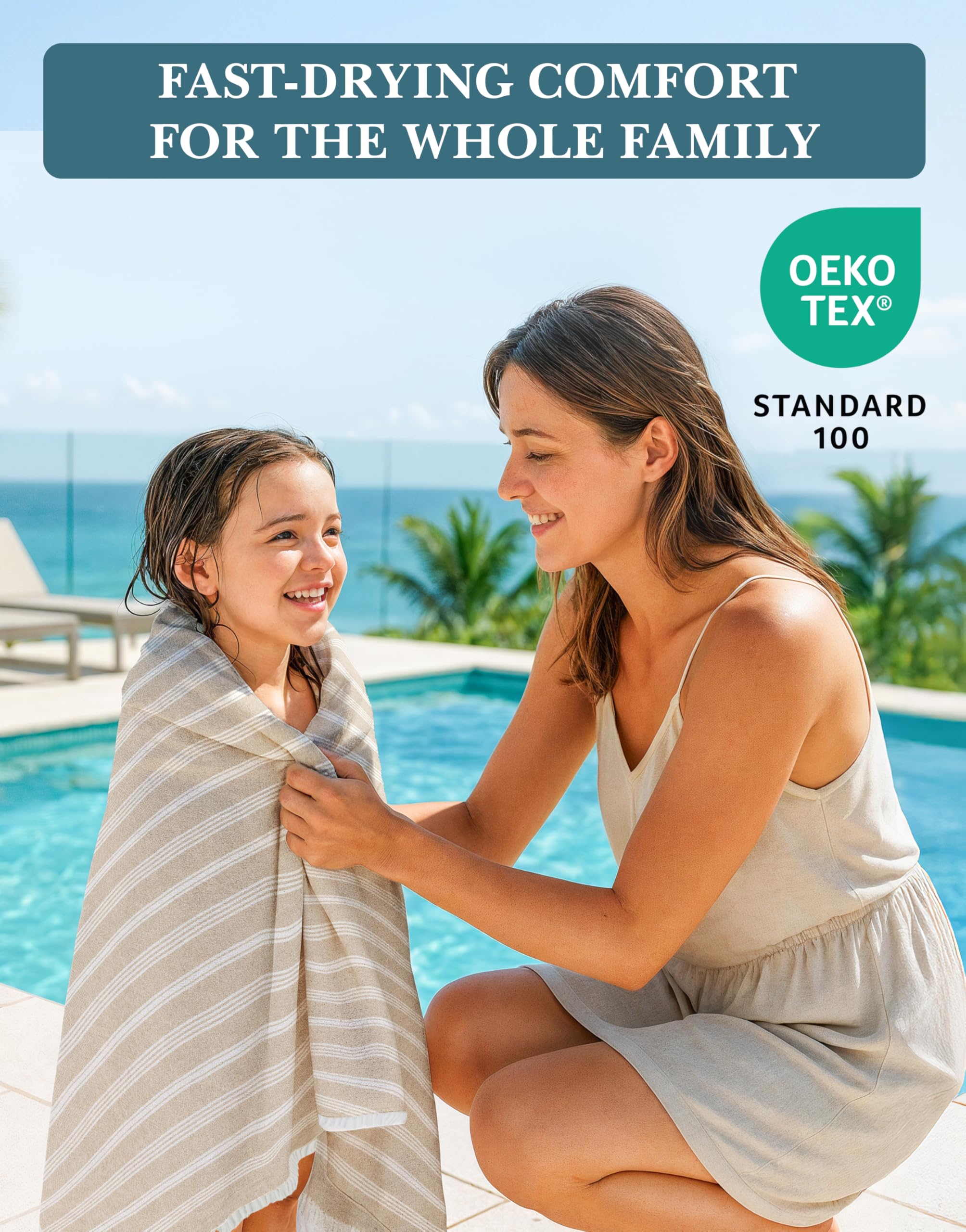 Casa Platino towels on family at beach showing shared coverage and vibrant pattern