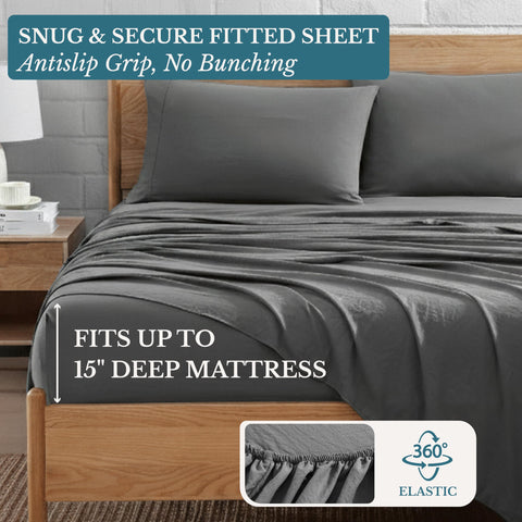 Casa Platino fitted sheet corner close-up showing deep 15-inch pocket for secure mattress fit