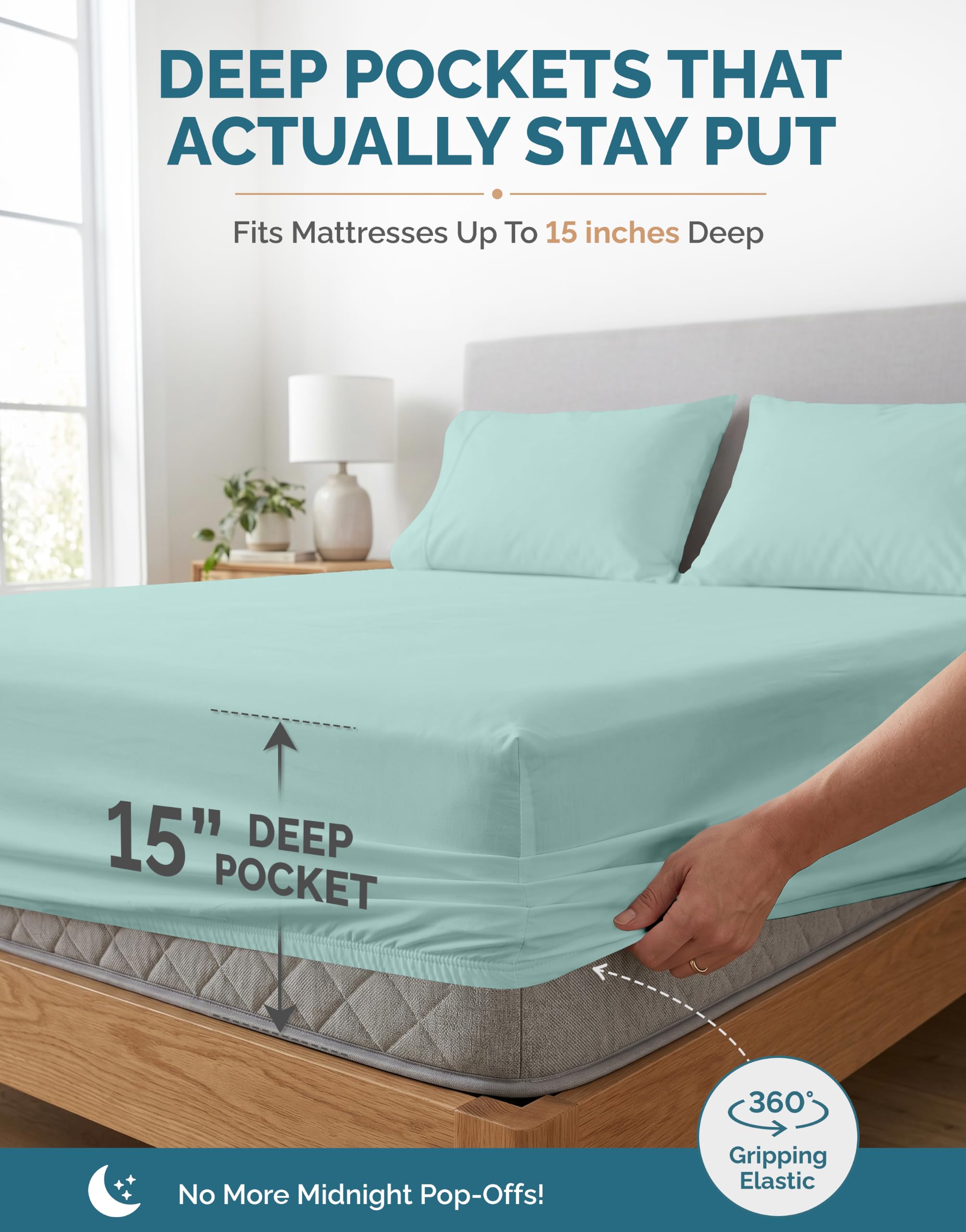Casa Platino flat sheet spread on full bed demonstrating full coverage and smooth finish