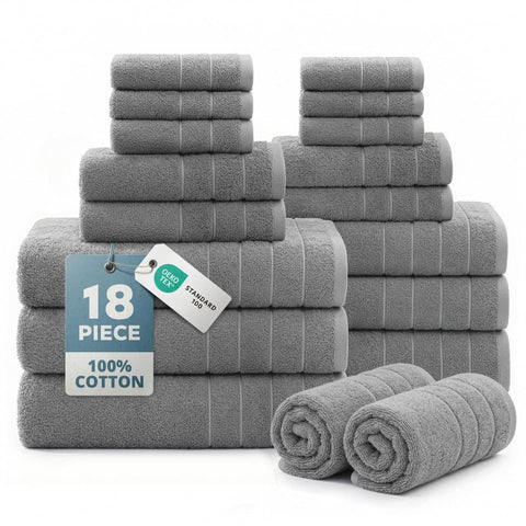 Casa Platino front view of cool grey 18-piece towel set showing neat folded stack and color