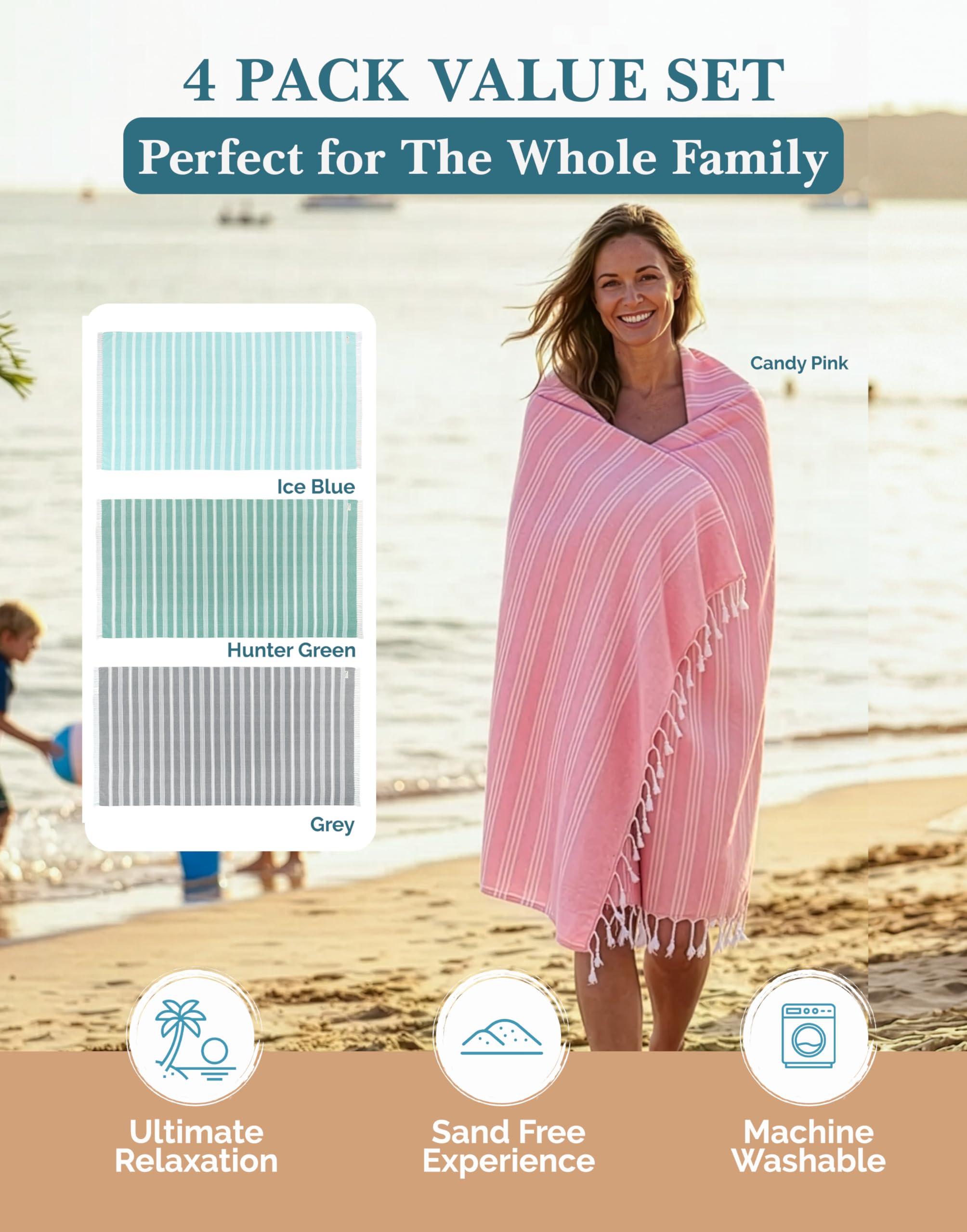 Casa Platino towel full spread on sand illustrating oversized coverage
