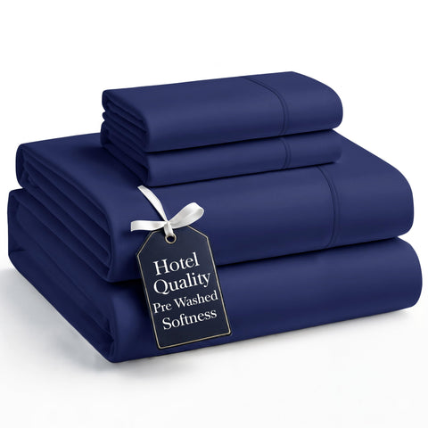 Casa Platino navy front packaging showing full king sheet set and benefits