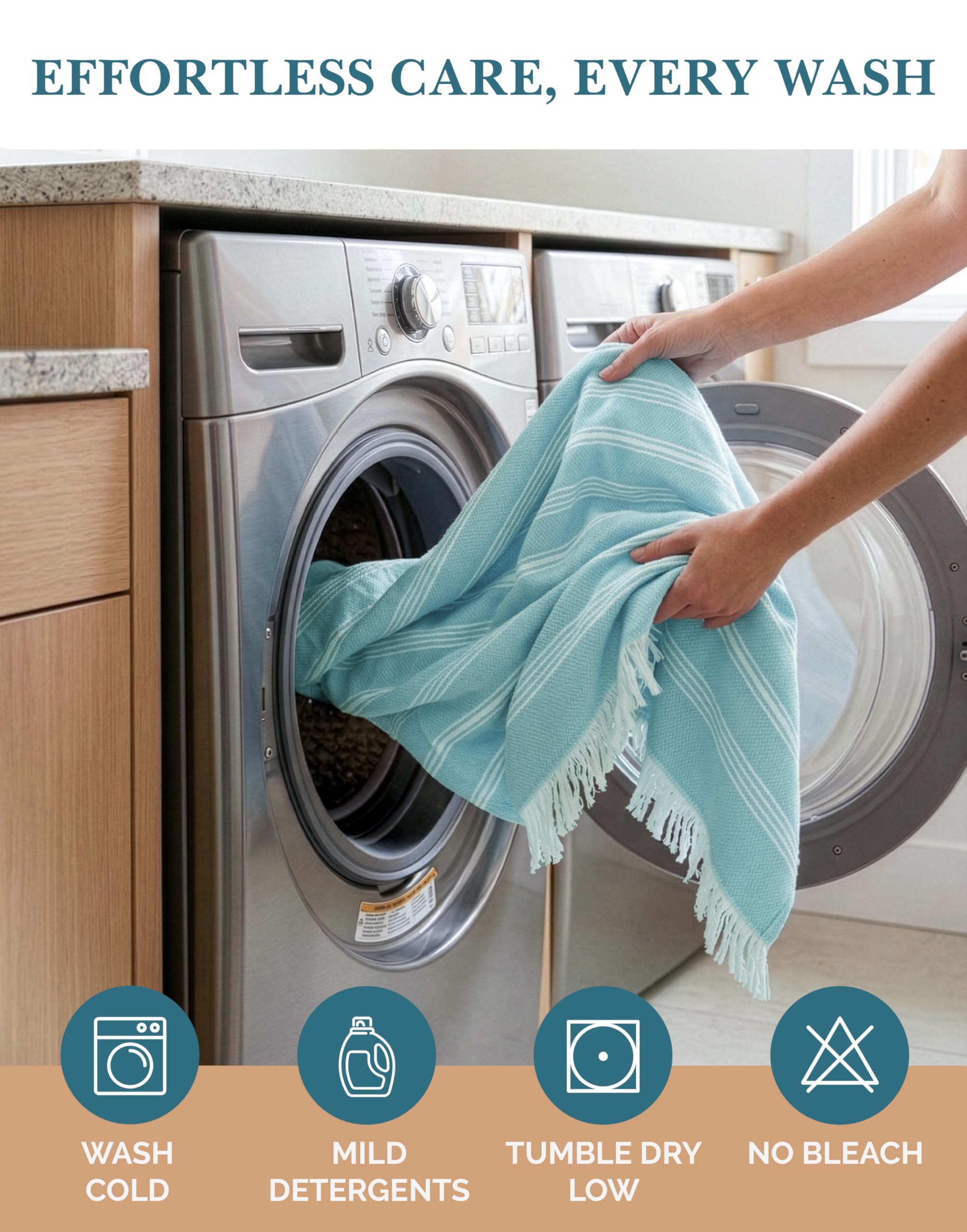 Casa Platino care label in washer showing machine-washable, easy-care benefit