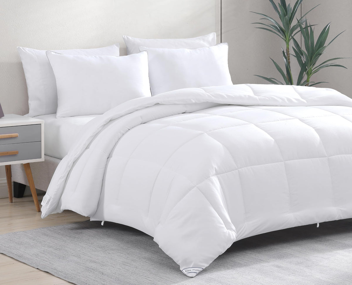 Casa Platino front view of queen comforter showing clean white look and comfort