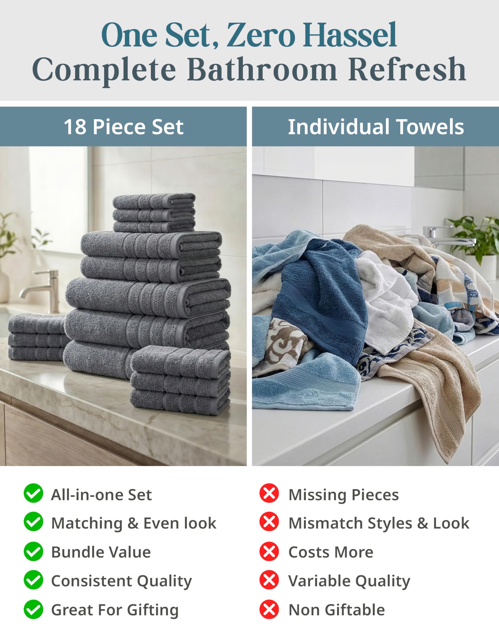 Casa Platino stacked bath, hand, and washcloths showing size difference and storage convenience
