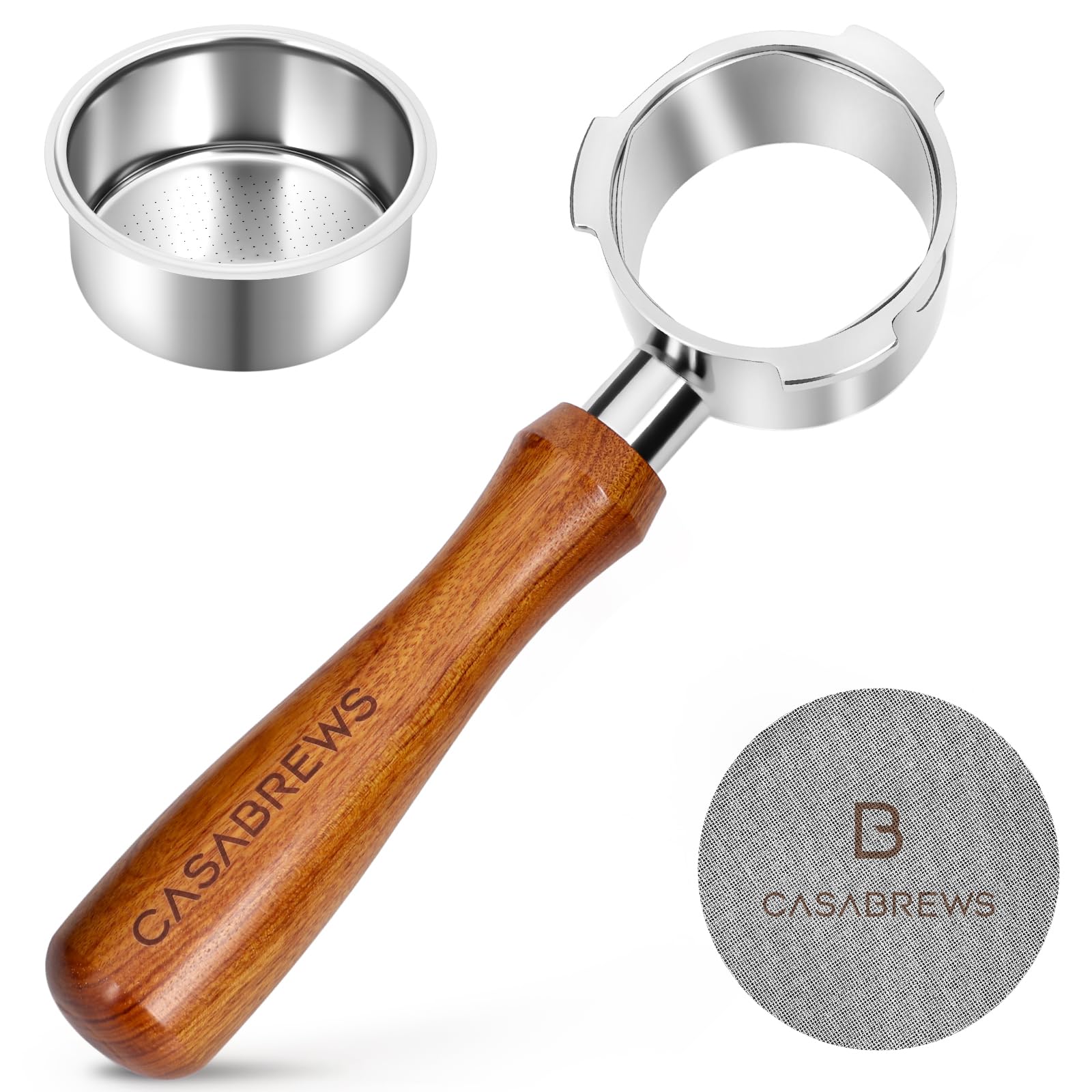 CASABREWS portafilter front view showing polished stainless with precise fit benefit