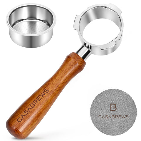 CASABREWS portafilter front view showing polished stainless with precise fit benefit