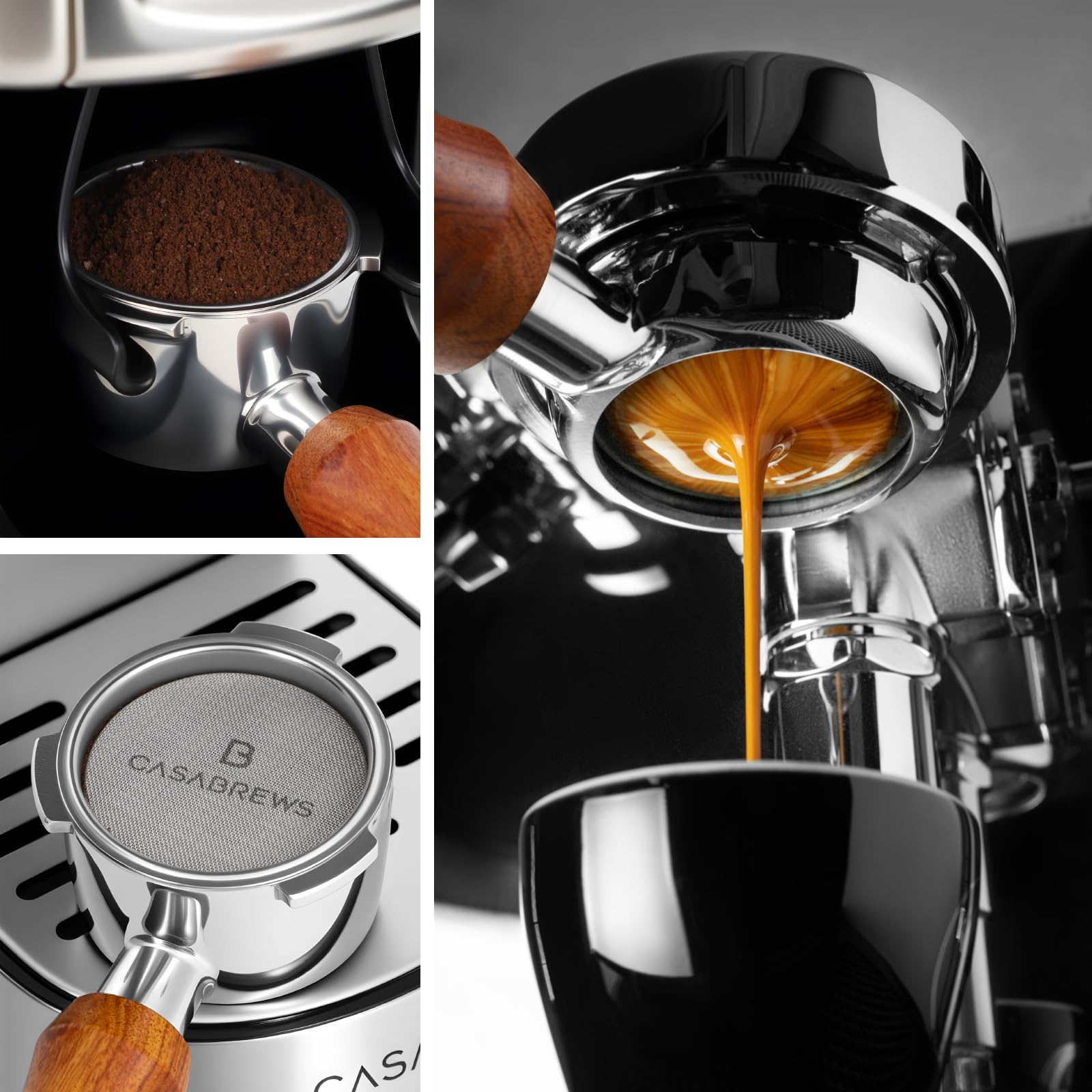 CASABREWS portafilter on countertop with espresso machine illustrating real use benefit