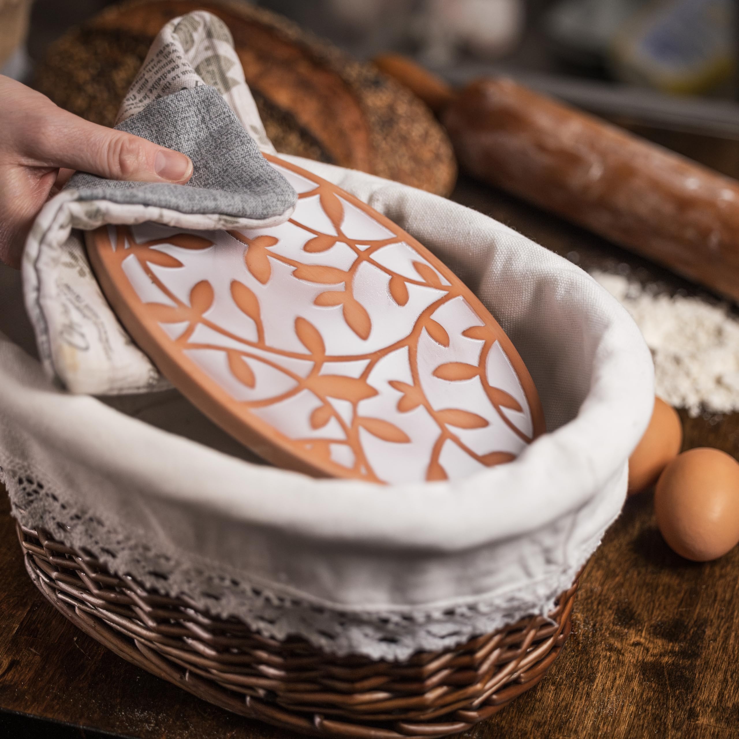 CASADEMA flax linen bread bag holding a loaf showing breathable storage benefit