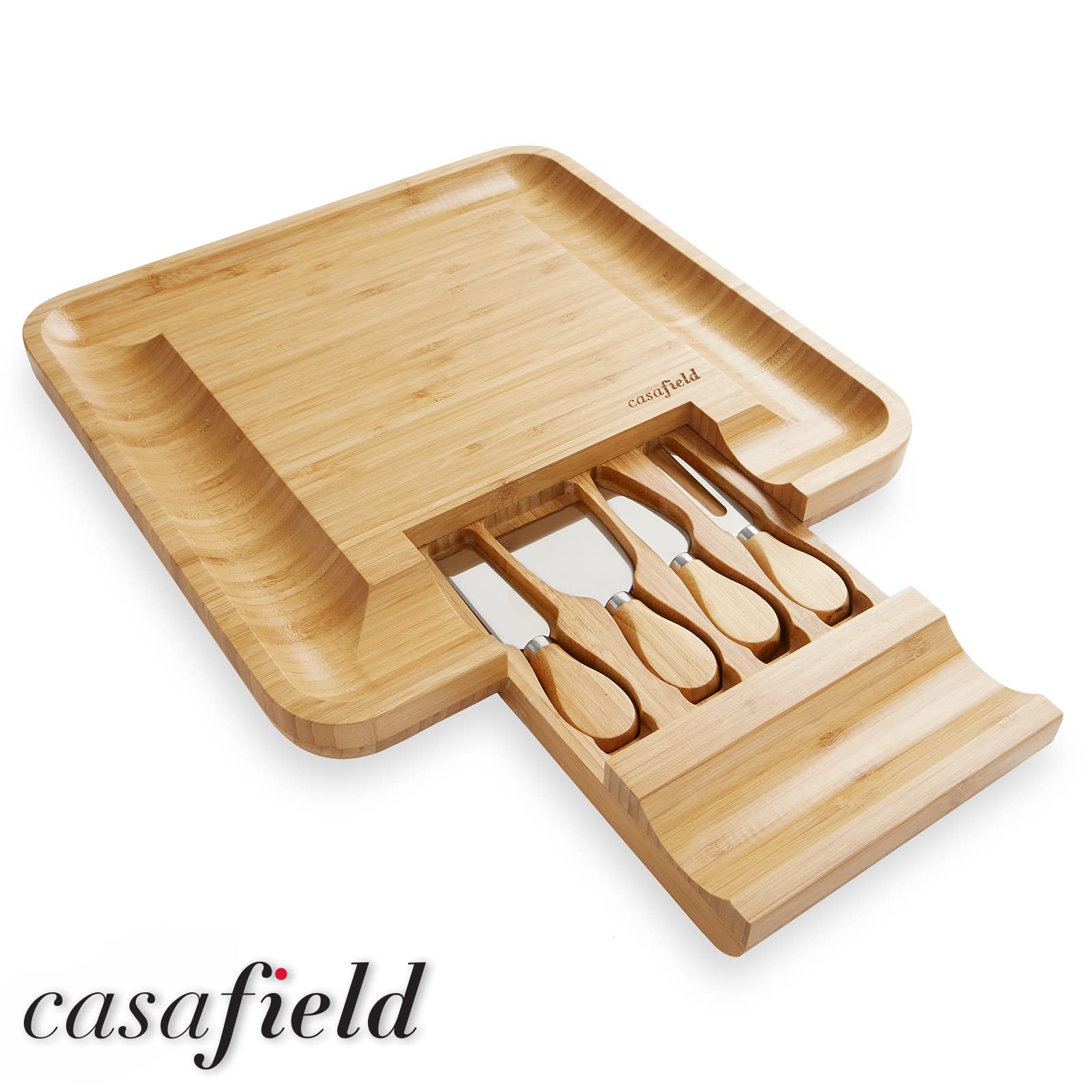 Casafield board with slide-out drawer open displaying four stainless-steel knives for handy storage