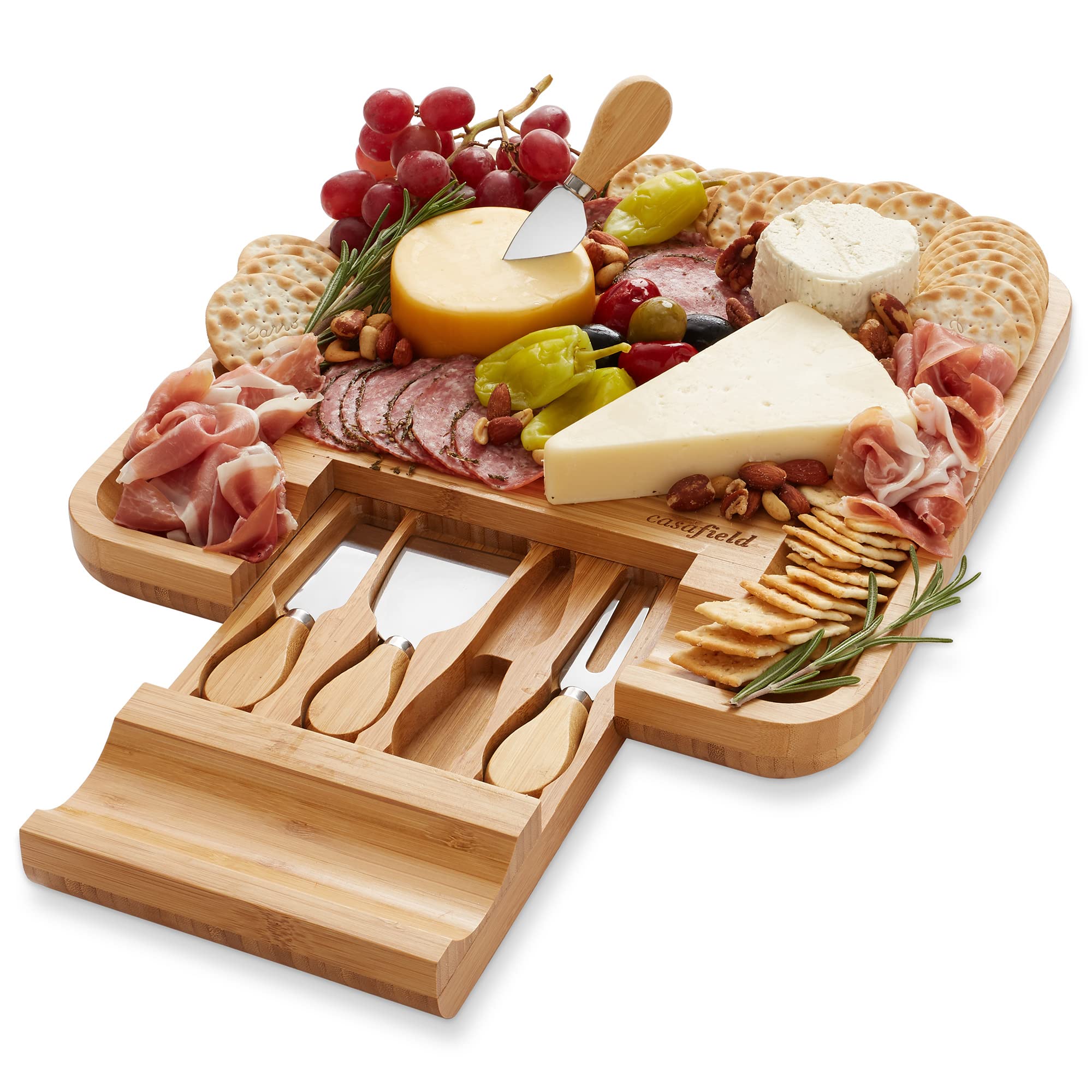 Casafield bamboo board front view showing spacious serving area and rim for elegant presentation
