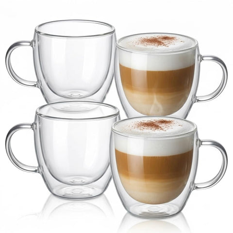 Casafoyer front view of four 9 oz cups showing clear design and set benefit