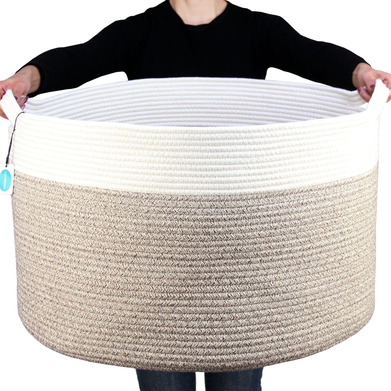 Casaphoria front-facing basket showing cream and brown design and tidy storage benefit
