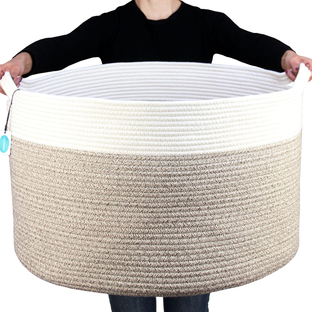 Casaphoria front-facing basket showing cream and brown design and tidy storage benefit