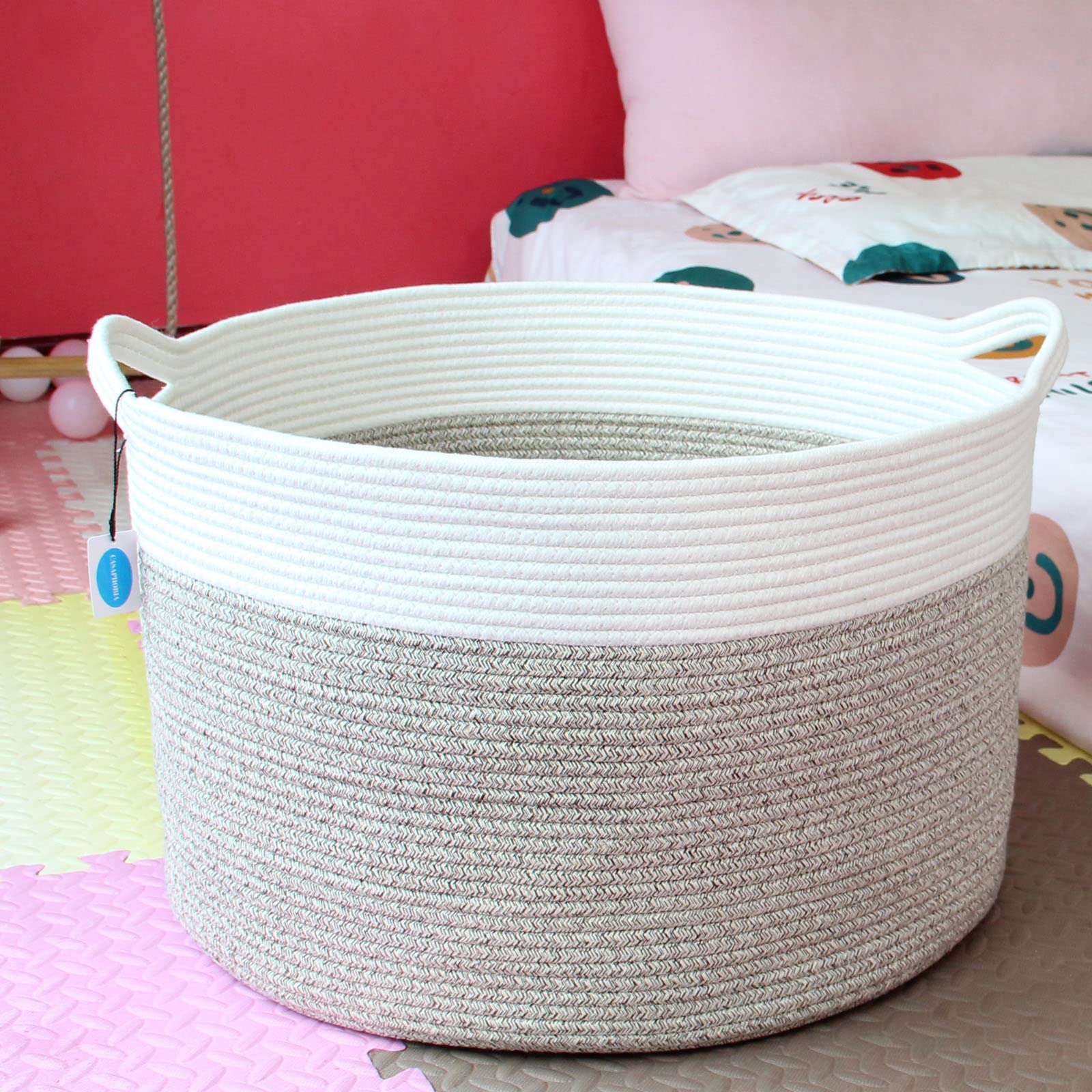Casaphoria basket in living room setting showing stylish organization and decor benefit