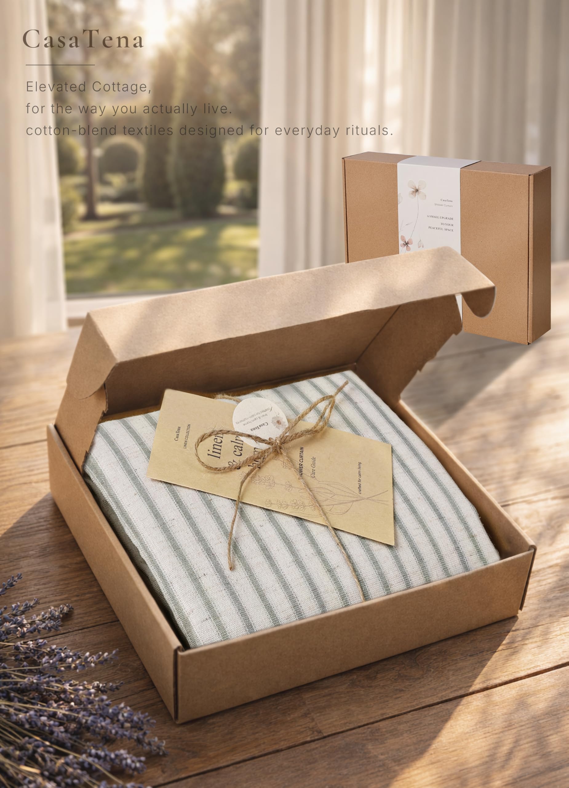 CasaTena folded curtain packaging showing neat storage convenience