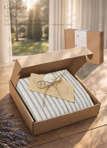 CasaTena folded curtain packaging showing neat storage convenience