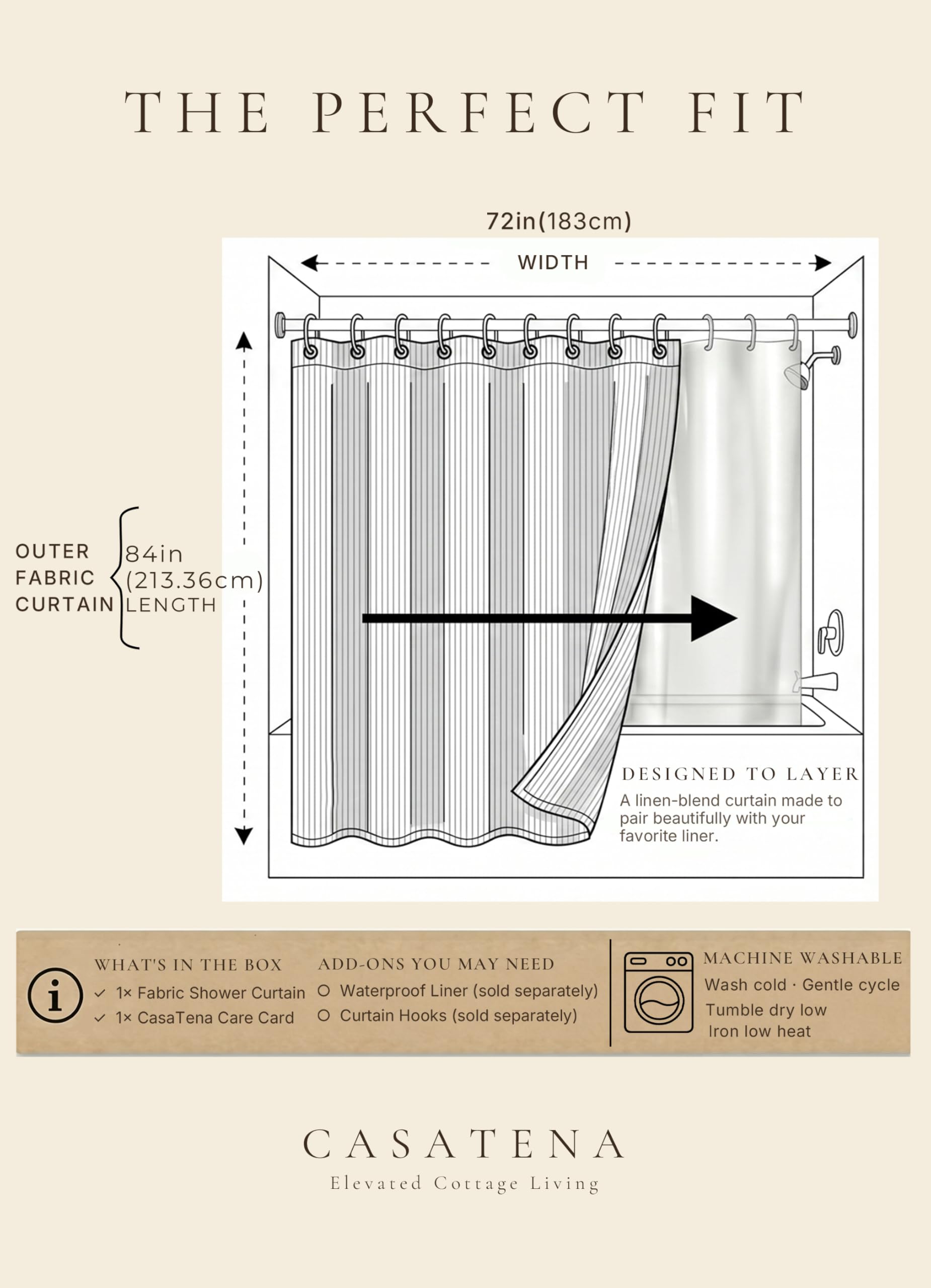 CasaTena folded curtain on shelf showing storage and color consistency