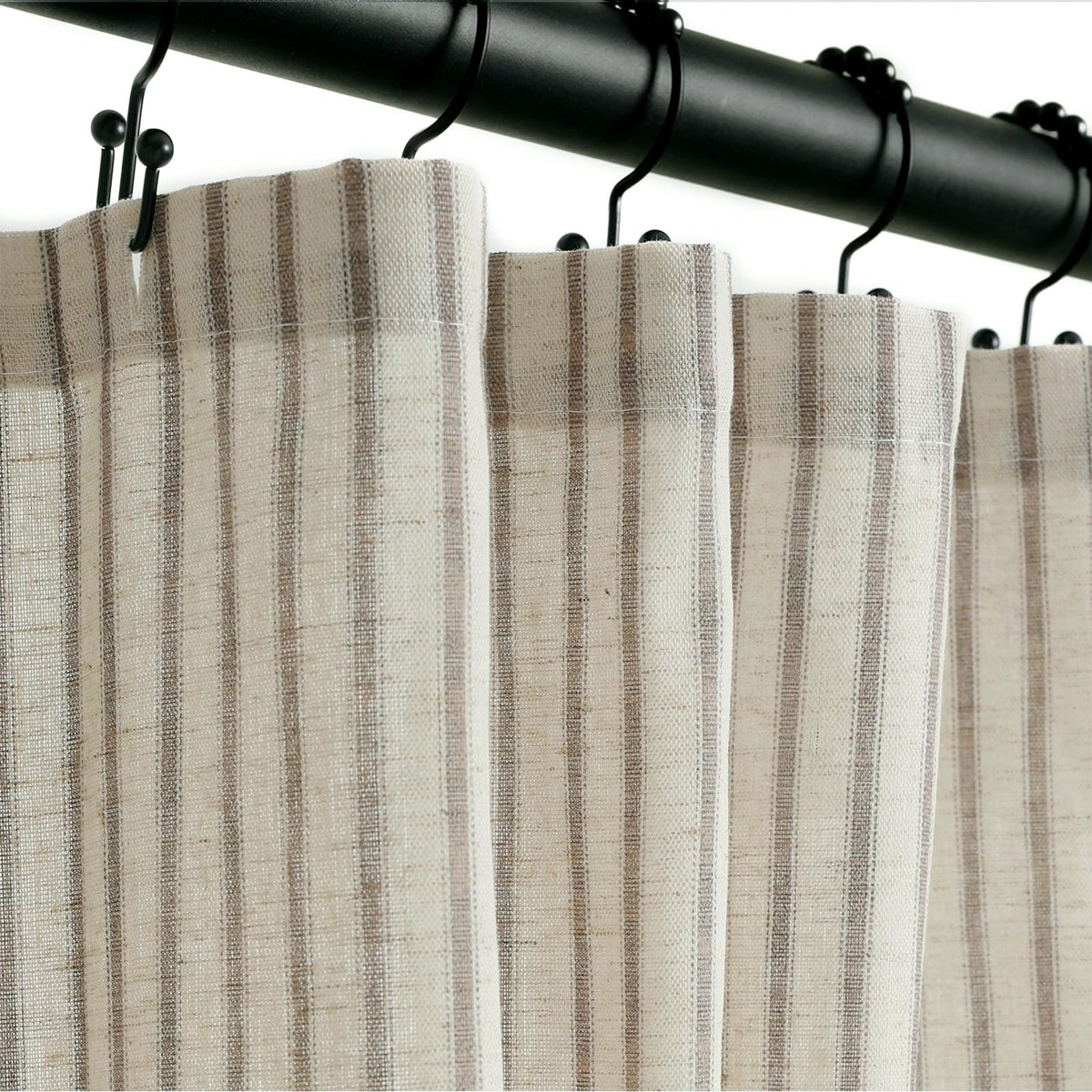 CasaTena front view of striped shower curtain showing taupe farmhouse style and versatile look