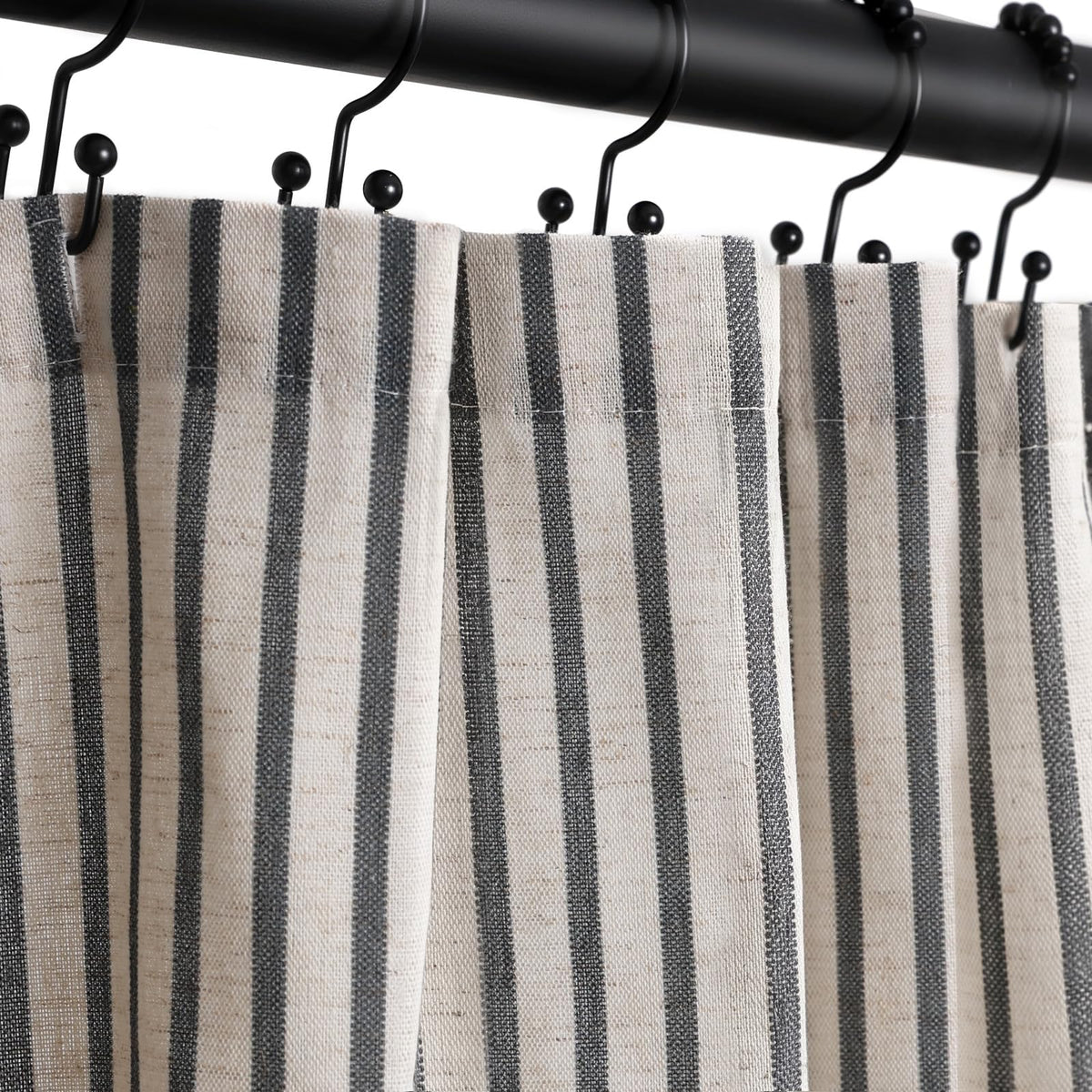 CasaTena front view of striped shower curtain showing farmhouse style and instant bathroom upgrade