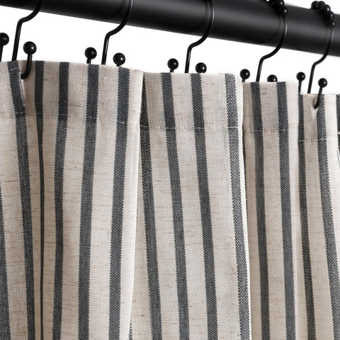 CasaTena front view of striped shower curtain showing farmhouse style and instant bathroom upgrade