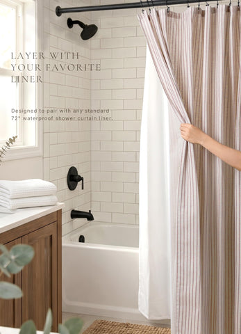 CasaTena curtain hung in a styled bathroom to show decor impact