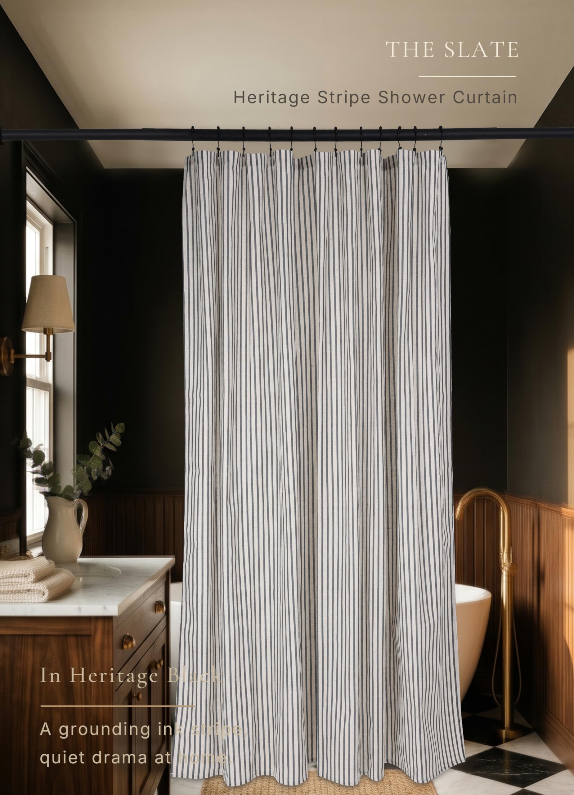 CasaTena installed on a shower rod in a bathroom showing how it complements decor