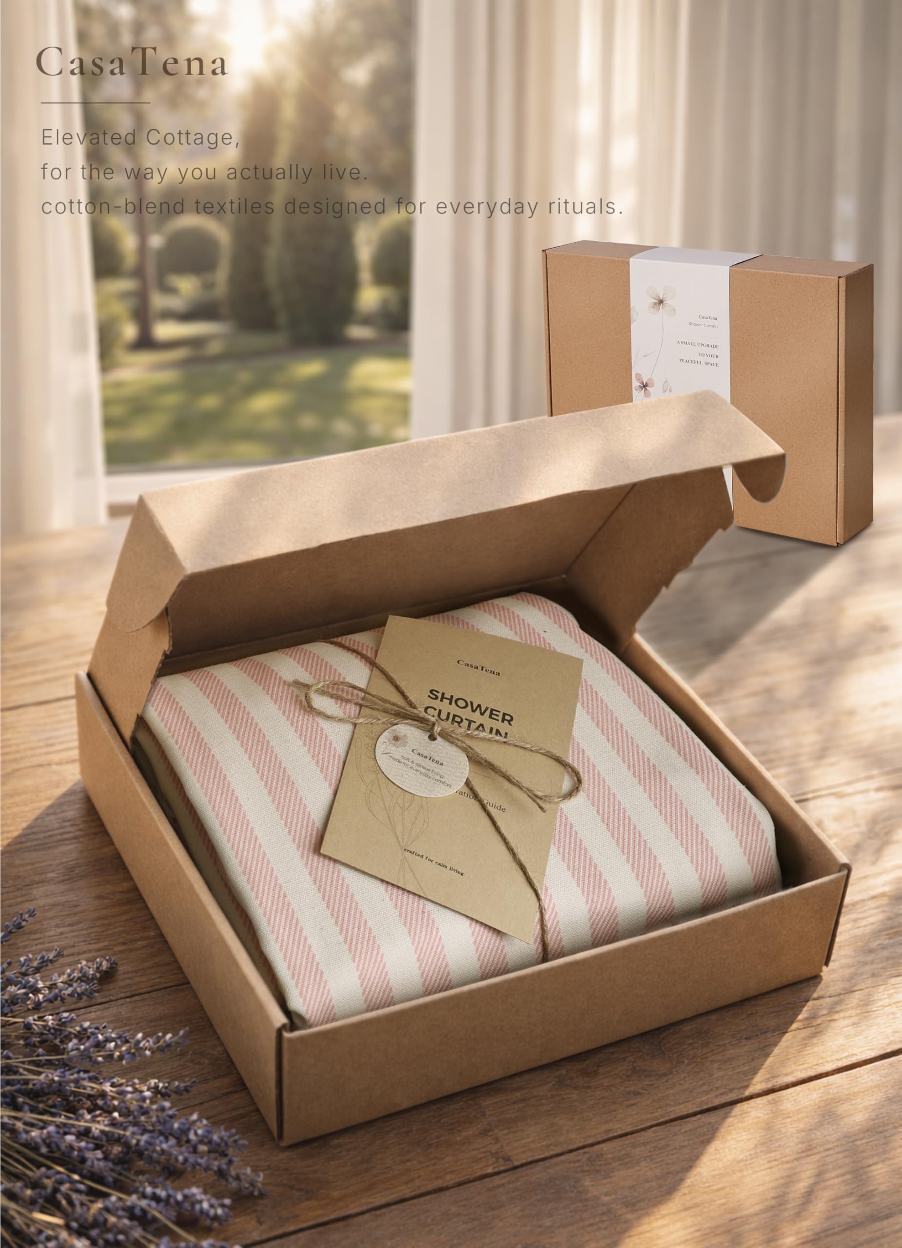 CasaTena folded curtain in packaging indicating compact storage and easy care benefit