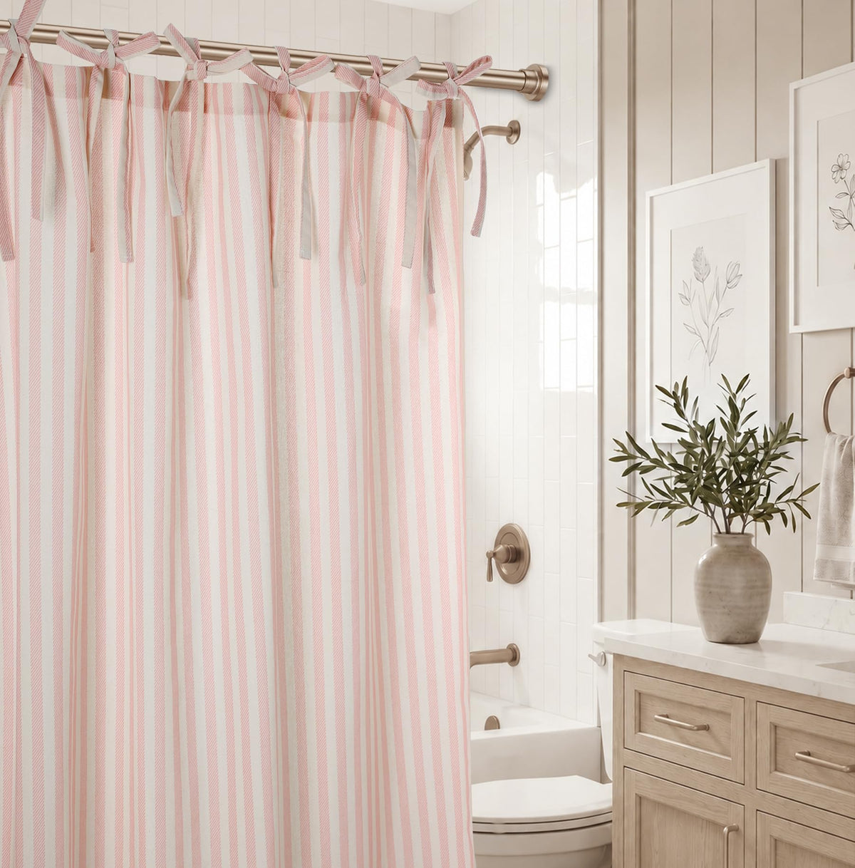 CasaTena front view of pink striped shower curtain showing elegant finish and instant style