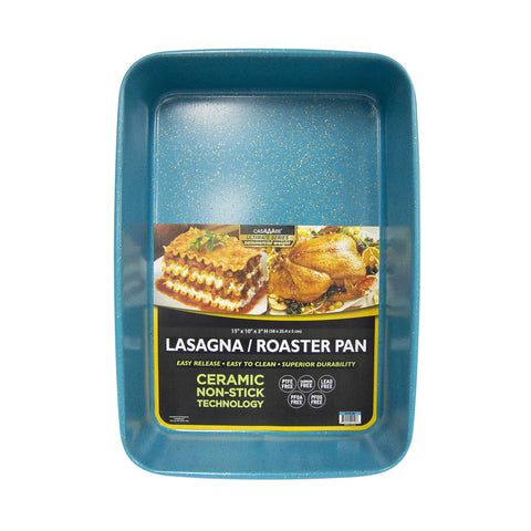 casaWare front view of blue granite lasagna pan shows durable finish and capacity