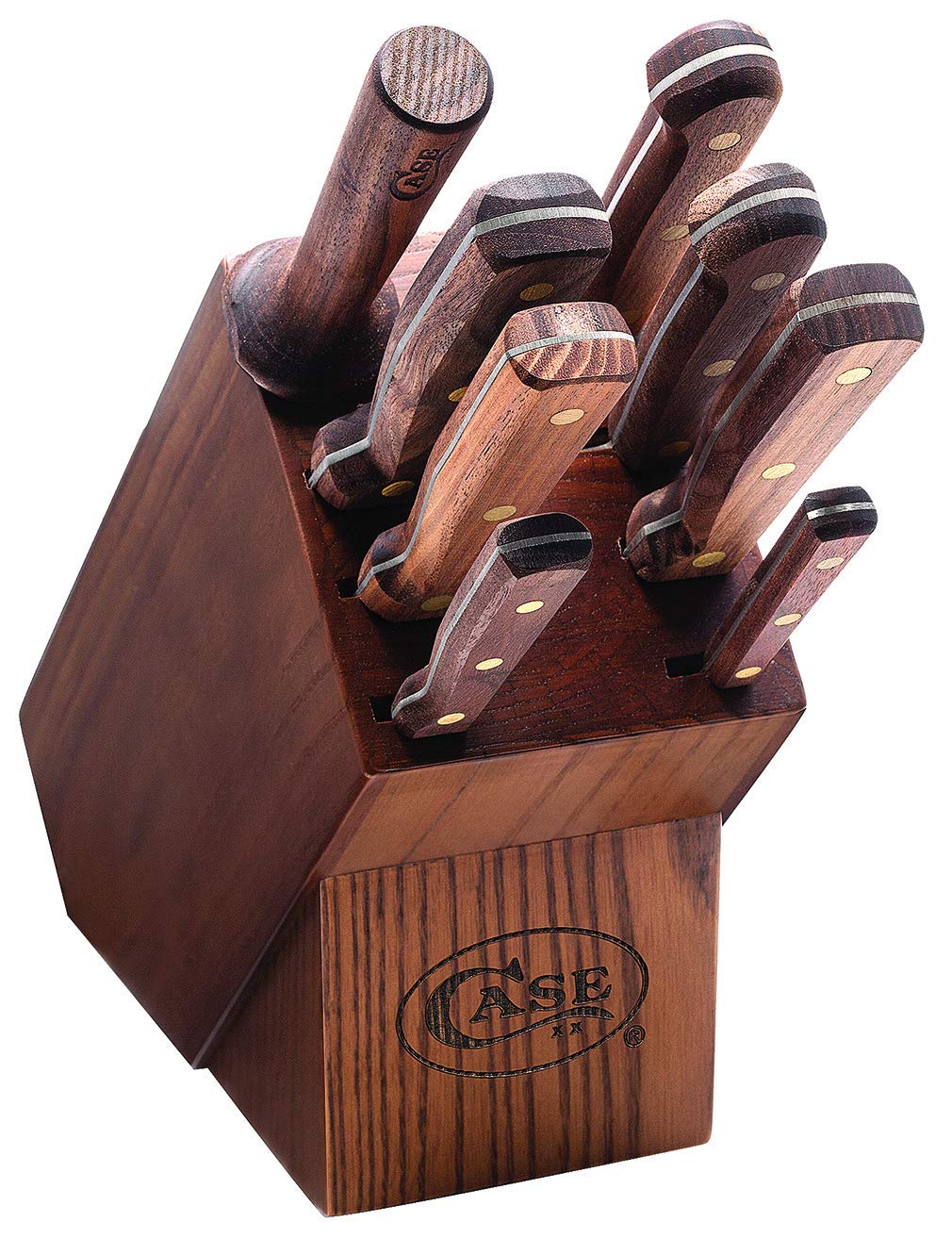 Case front view wooden block set showing organized knives and quick access