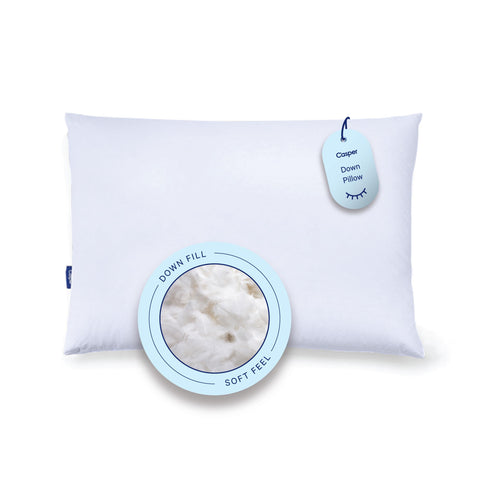 Casper down pillow front view showing clean white cover and brand benefit breathable comfort