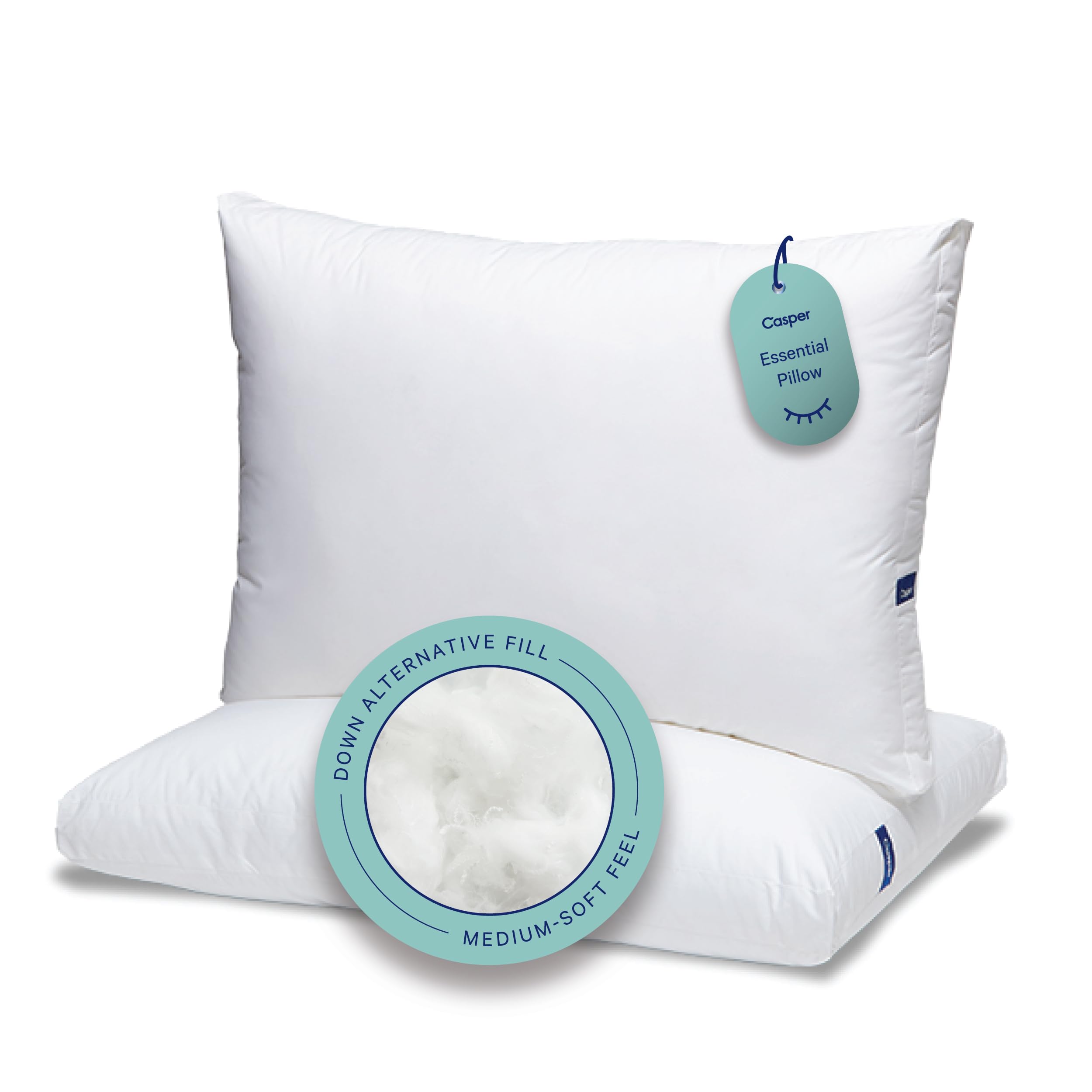 Casper Essential Pillow front packaging showing two pillows and brand logo for reliable comfort