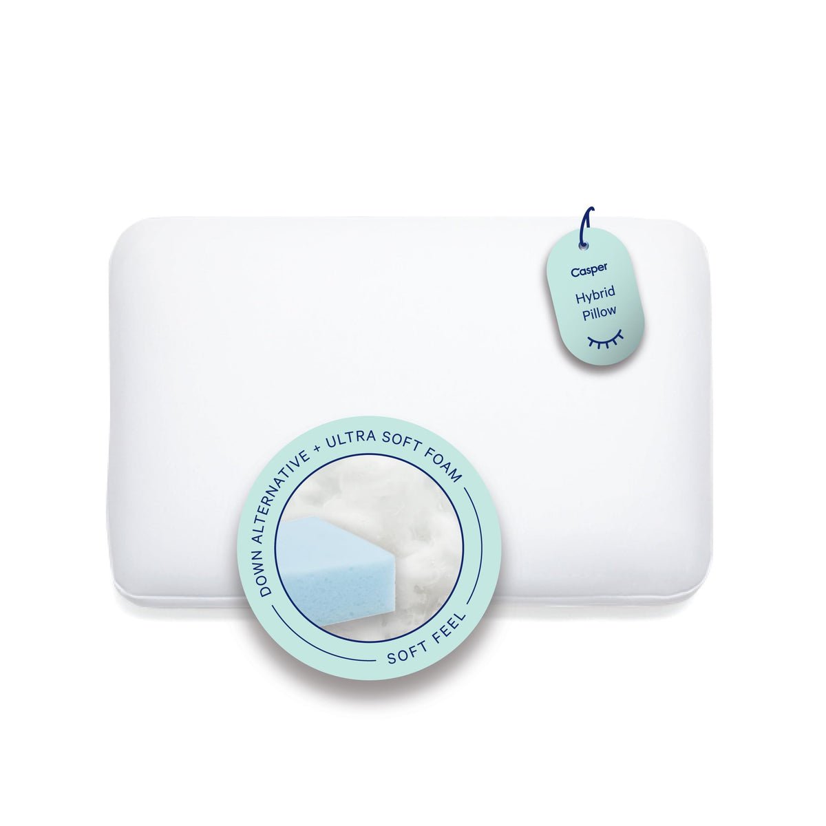 Casper Hybrid Pillow front view showing clean white cover and inviting shape for restful sleep