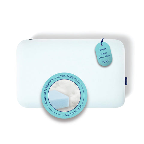 Casper Hybrid Snow Pillow front view showing plush profile and clean finish for comfortable sleep
