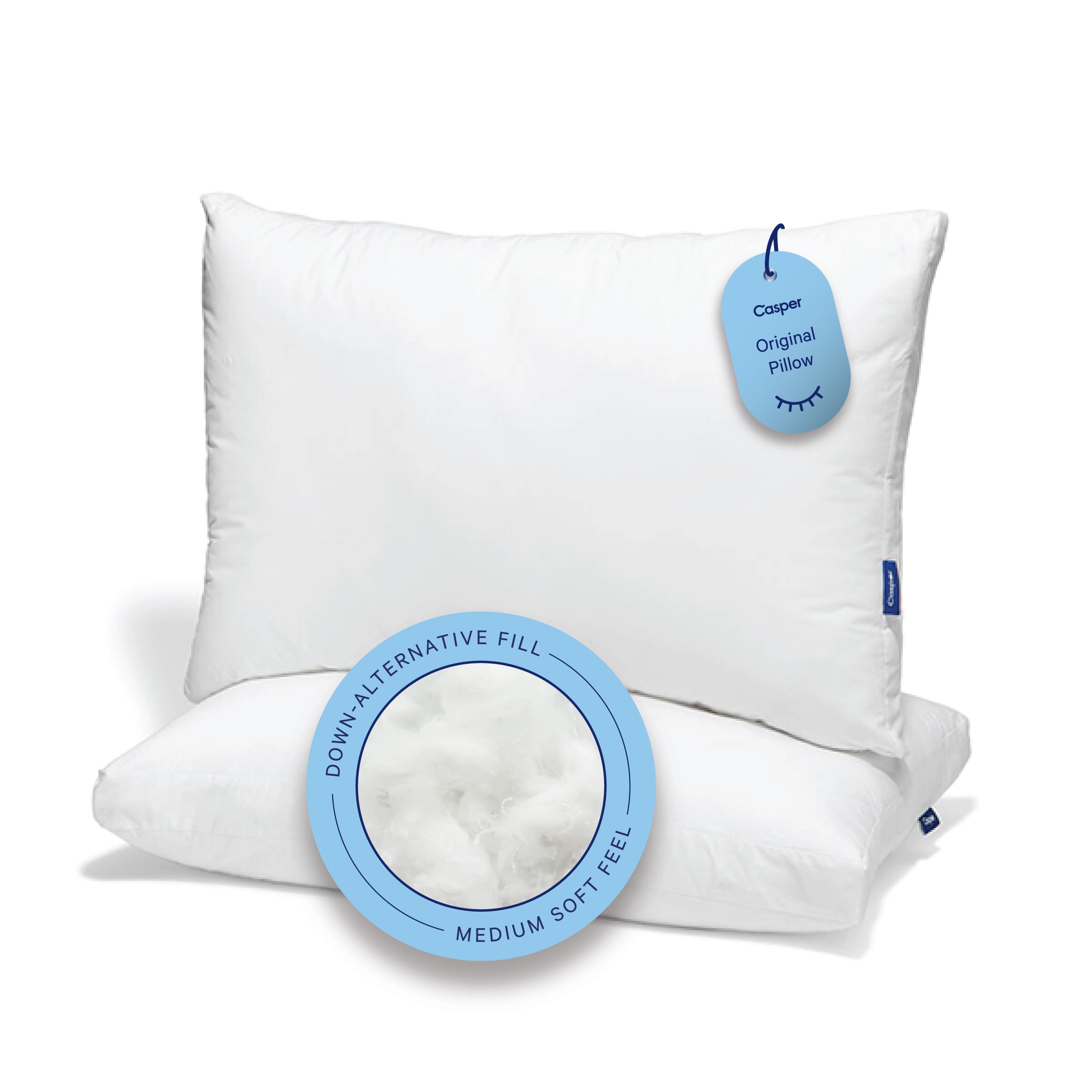 Casper pillow front packaging showing two-pack and benefit of balanced support