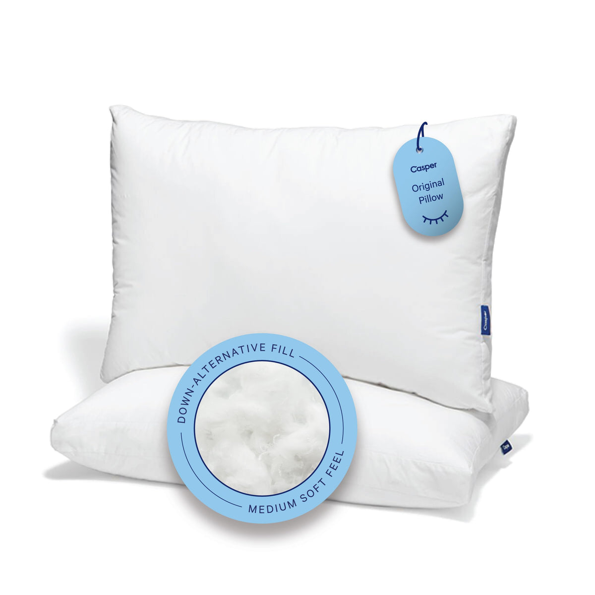 Casper pillow front packaging showing two-pack and benefit of balanced support