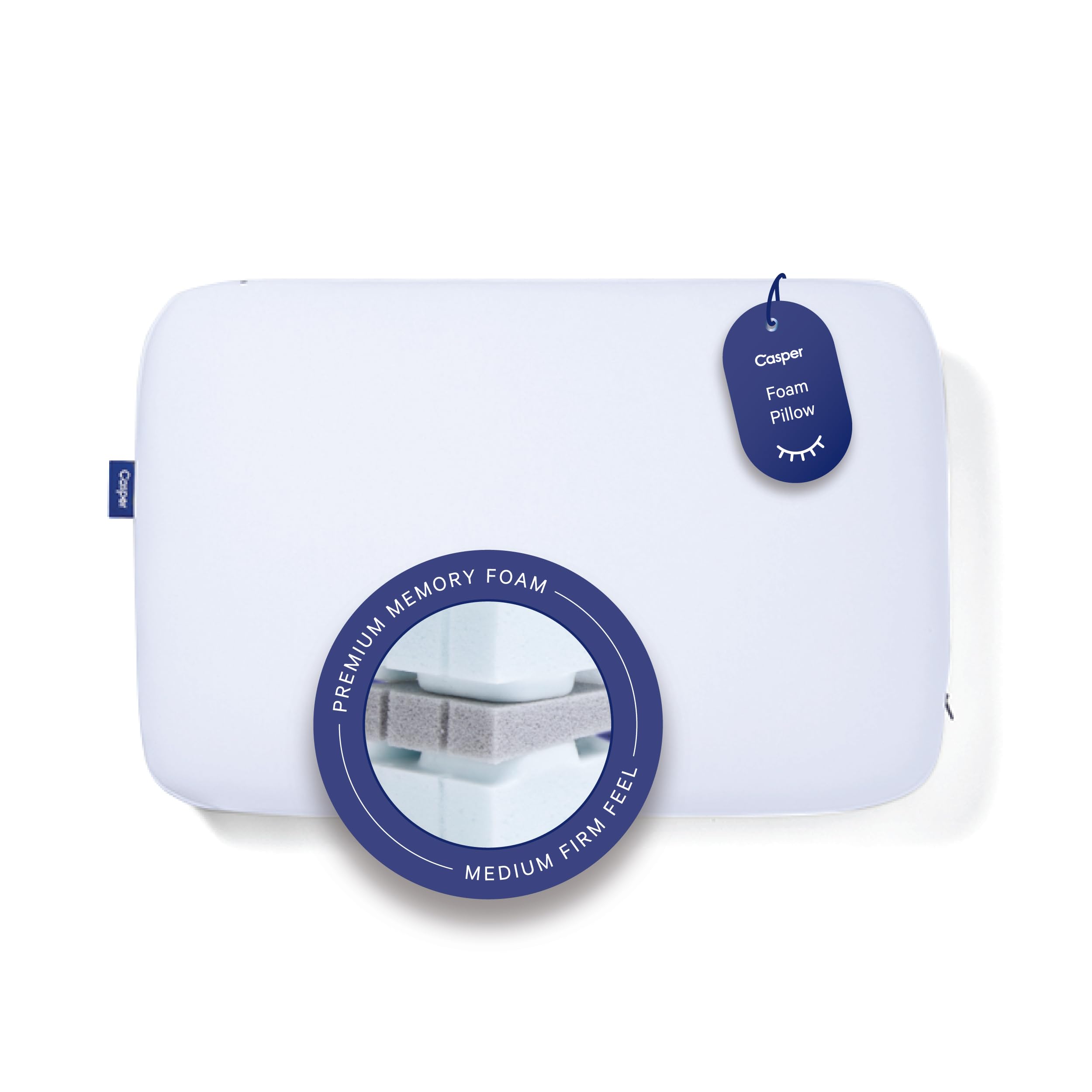 Casper front view showing clean white pillow and inviting sleep surface benefit: comfortable support