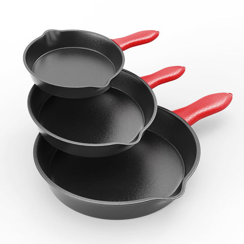 Cast Iron Skillet front view showing all three sizes and ready-to-use benefits