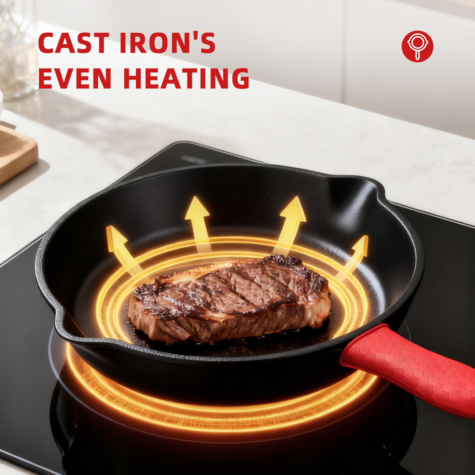 Three skillets side-by-side to show 6, 8, and 10-inch sizes for portion control