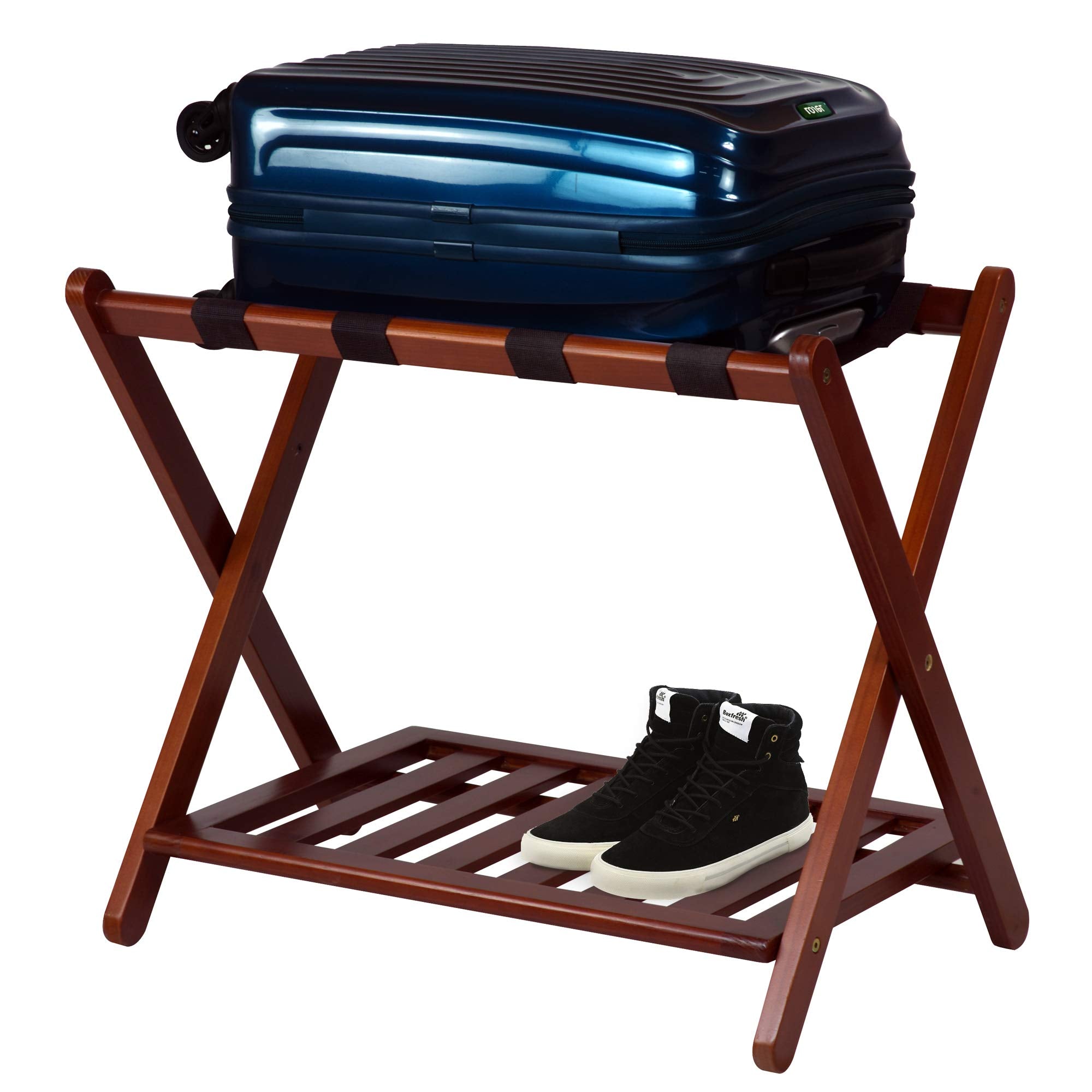 Casual Home luggage rack front view showing sturdy walnut finish and elevated packing benefit