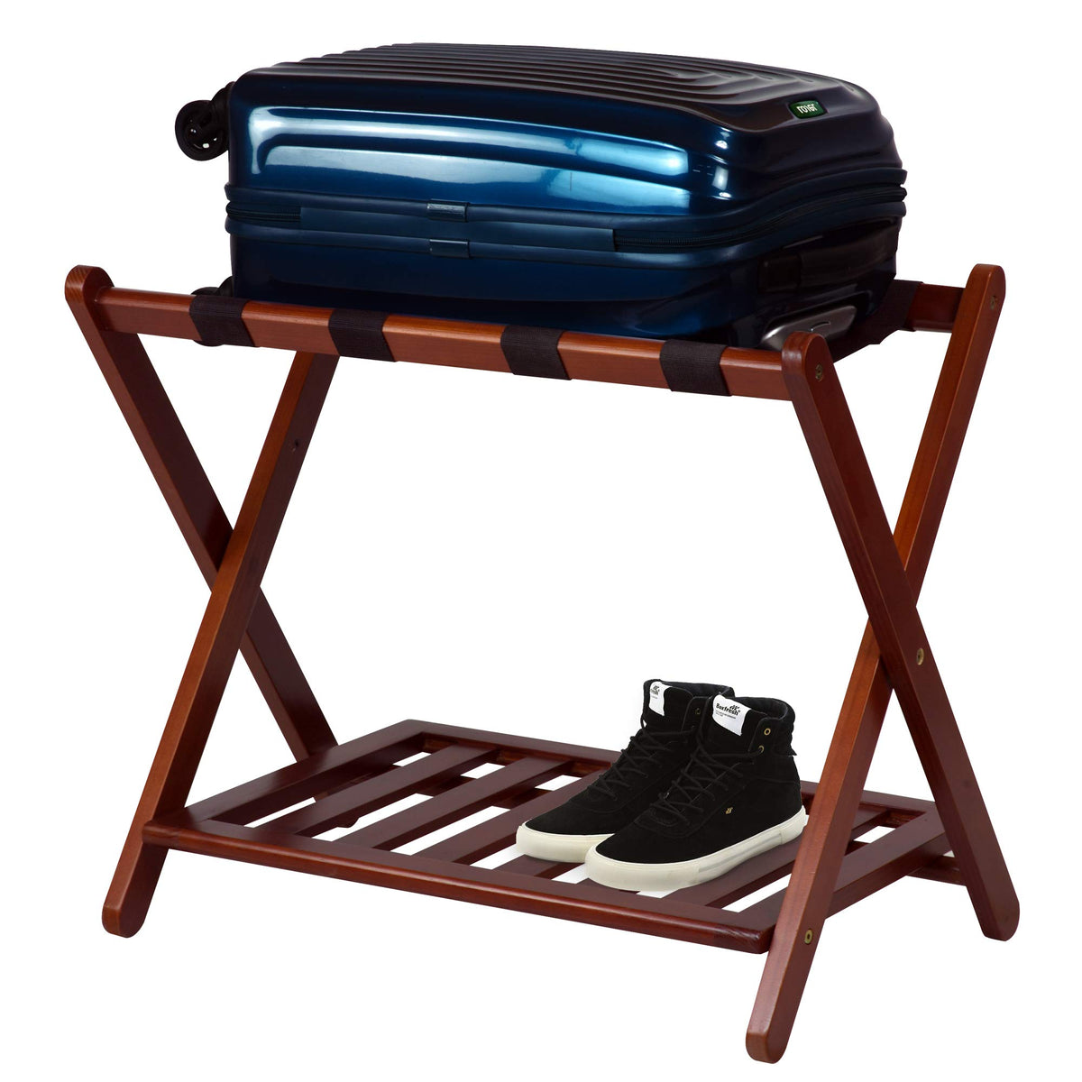 Casual Home luggage rack front view showing sturdy walnut finish and elevated packing benefit