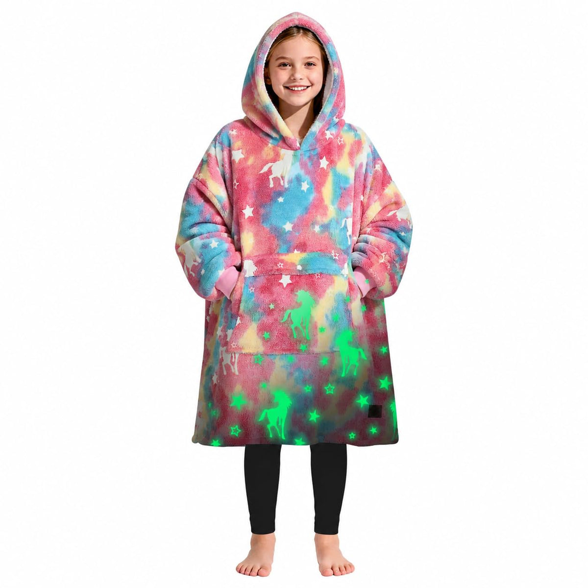 Catalonia front view of oversized sherpa hoodie blanket showing unicorn print and cozy fit