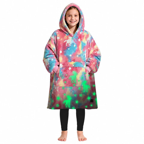 Catalonia front view of oversized sherpa hoodie blanket showing unicorn print and cozy fit